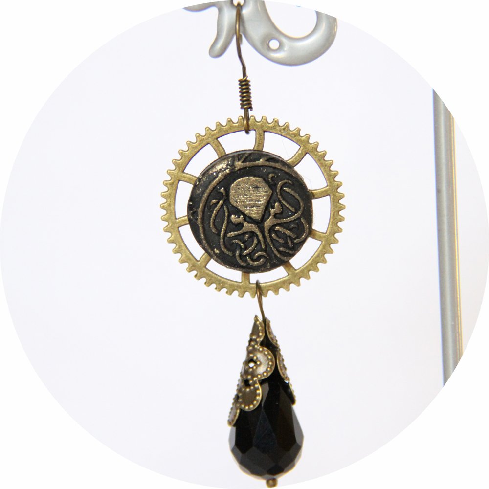 Boucles d'oreilles pendantes Steampunk thème mini Cthulhu noir et bronze goutte--9995868099246