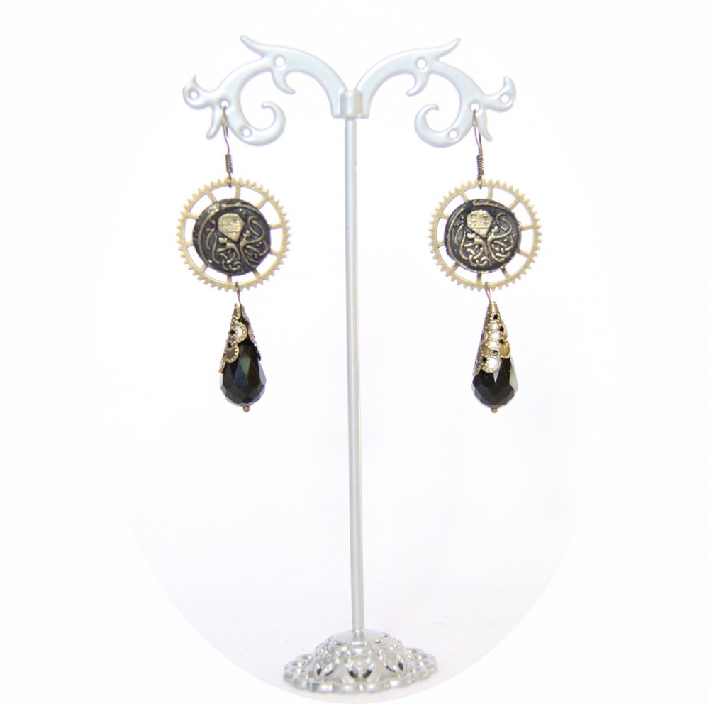 Boucles d'oreilles pendantes Steampunk thème mini Cthulhu noir et bronze goutte--9995868099246