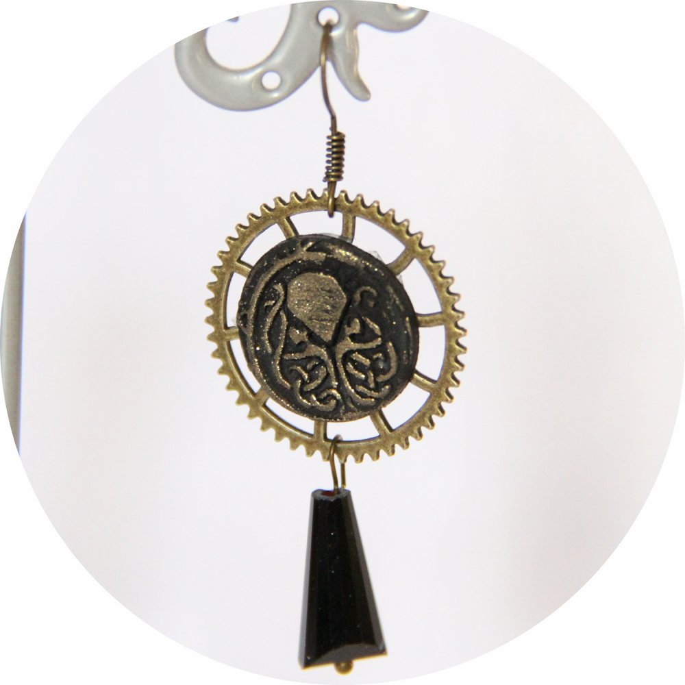 Boucles d'oreilles pendantes Steampunk thème mini Cthulhu noir et bronze goutte--9995868097488