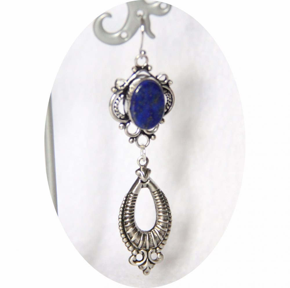 Boucles d'oreilles rétro baroque bleue en lapis lazuli avec pampille art déco argentée--9995848756695