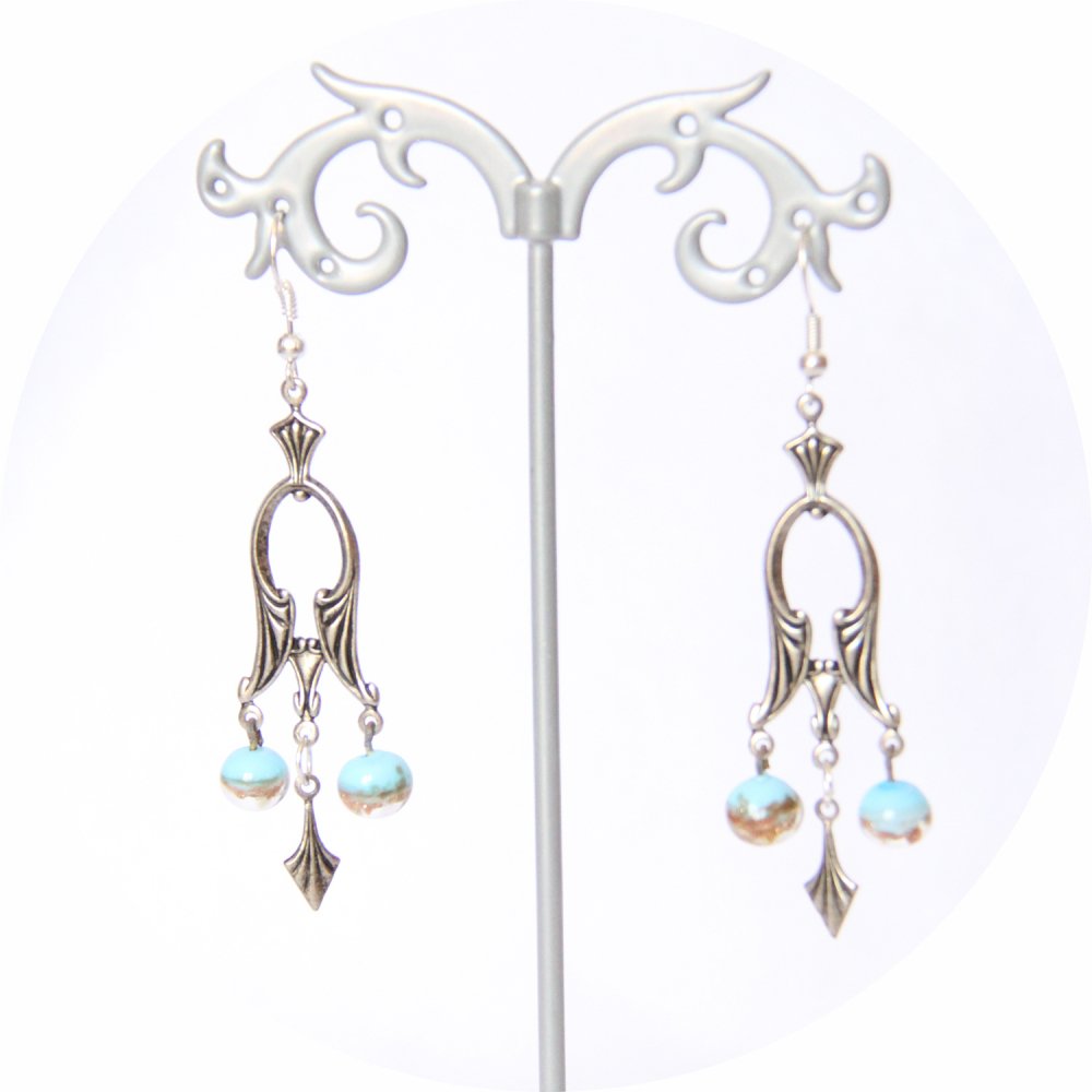 Boucles d'oreilles rétro baroque pampille art déco argentée et perles bleu et or--9995861149634