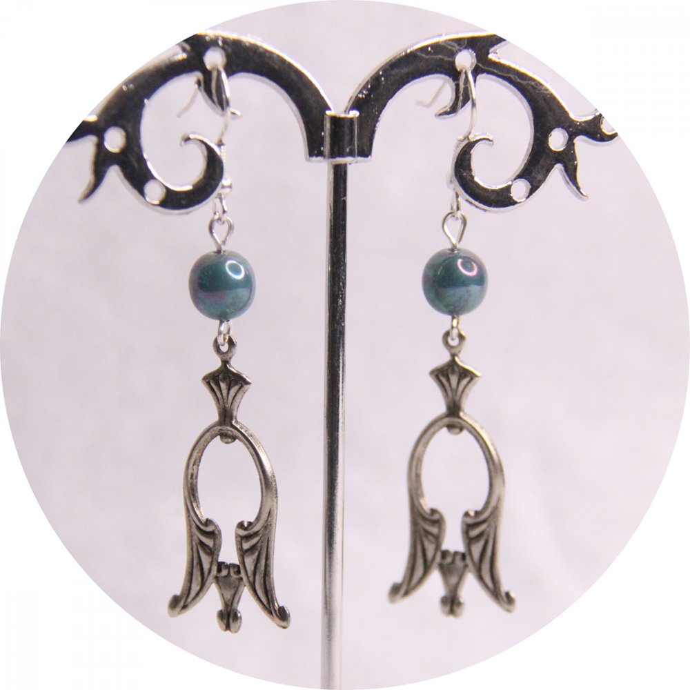 Boucles d'oreilles rétro baroque pampille art déco argentée et perles bleu vert--2226745060453