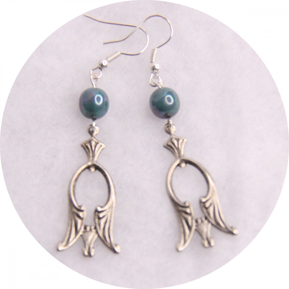 Boucles d'oreilles rétro baroque pampille art déco argentée et perles bleu vert--2226745060453