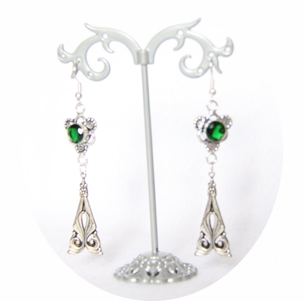 Boucles d'oreilles rétro baroque vert avec pampille art déco argentée--9995848750273