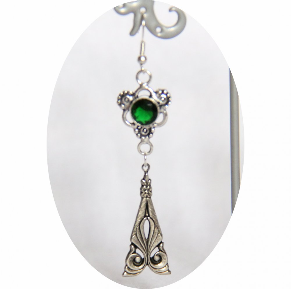 Boucles d'oreilles rétro baroque vert avec pampille art déco argentée--9995848750273