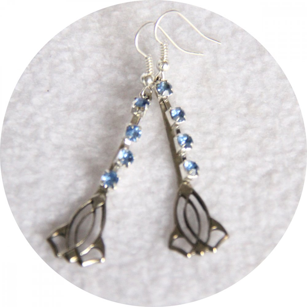 Boucles d'oreilles rétro art déco bleues avec pampille argentée--9996135043948