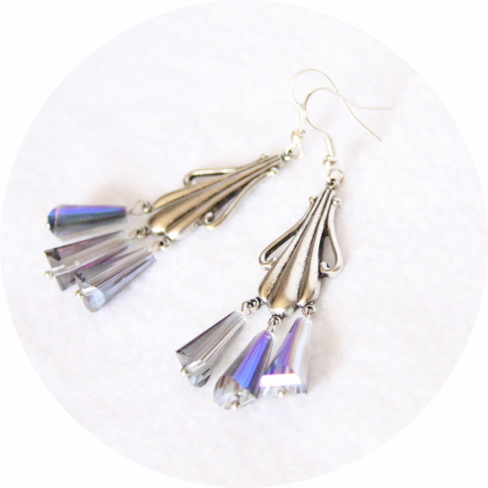 Boucles d'oreilles rétro Art Nouveau bleues goutte cristal pampille art nouveau argentée--9995860861384
