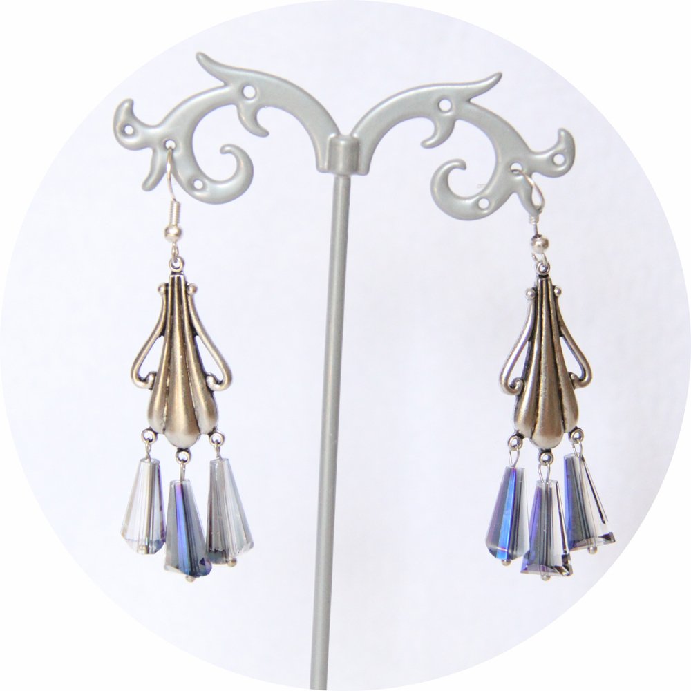 Boucles d'oreilles rétro Art Nouveau bleues goutte cristal pampille art nouveau argentée--9995860861384