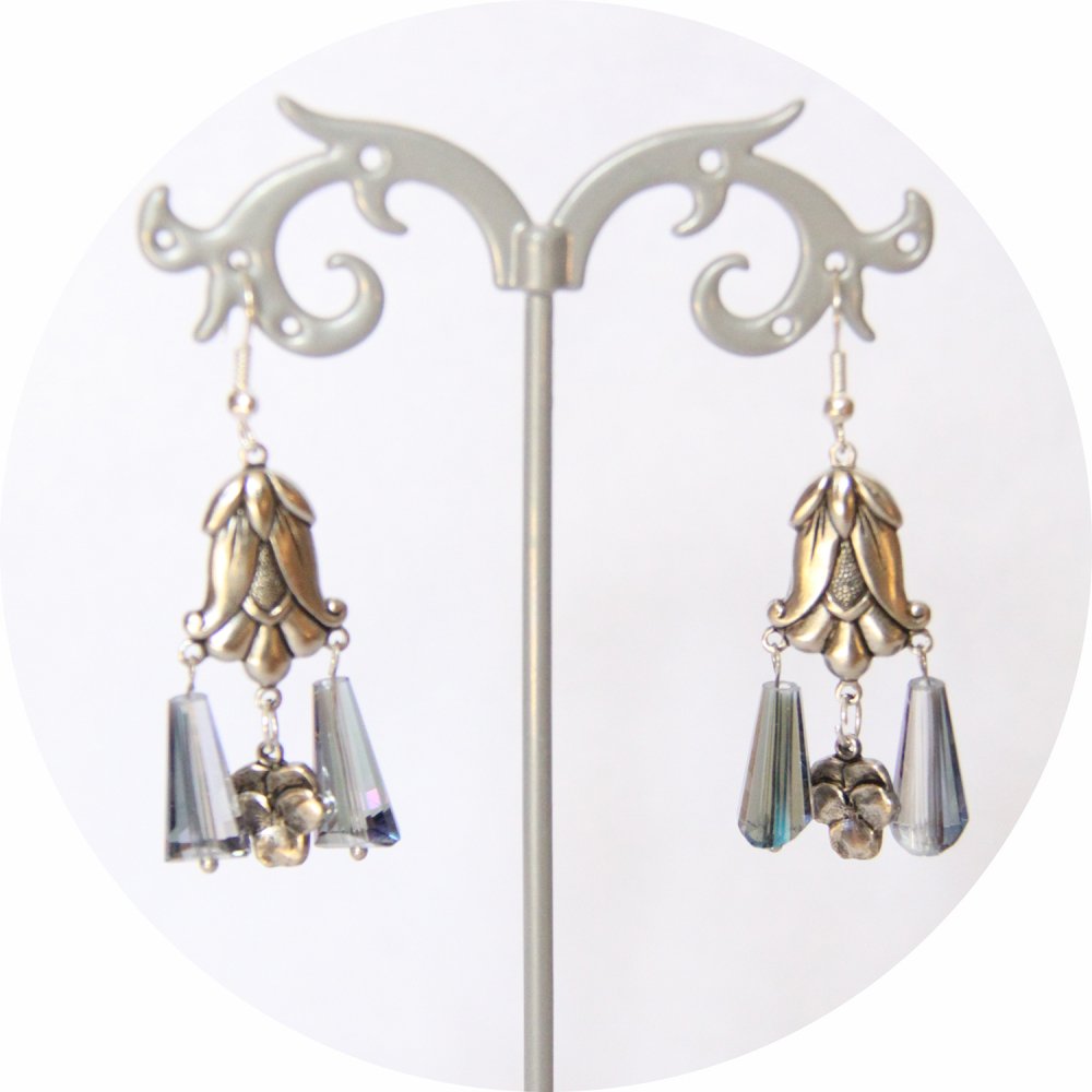 Boucles d'oreilles rétro Art Nouveau bleues goutte cristal pampille art nouveau tulipe argentée--9995860872366