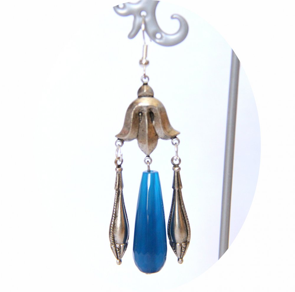 Boucles d'oreilles rétro Art Nouveau bleues goutte facetée turquoise et pampille art nouveau argentée--9995860867782