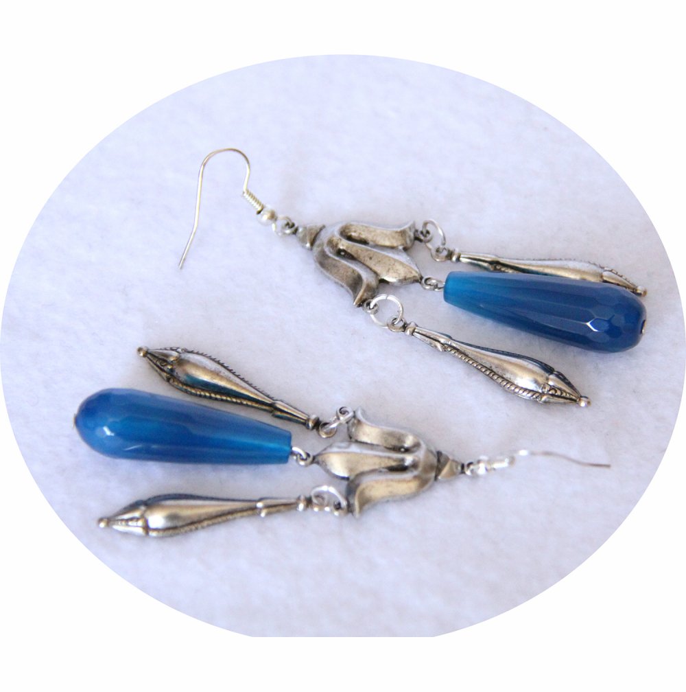 Boucles d'oreilles rétro Art Nouveau bleues goutte facetée turquoise et pampille art nouveau argentée--9995860867782