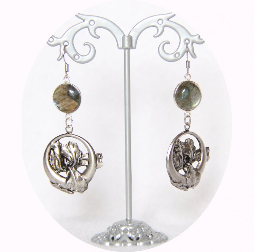 Boucles d'oreilles rétro art nouveau argent Iris--9995932390781