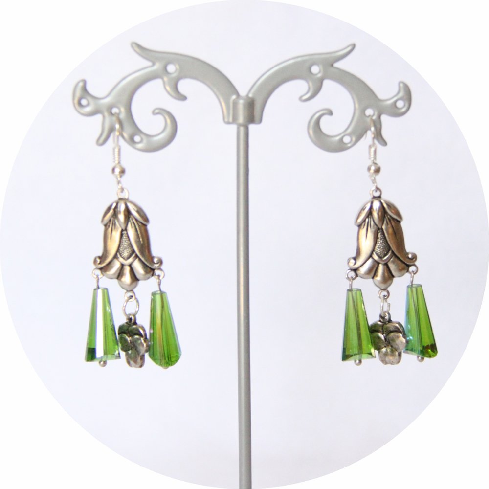 Boucles d'oreilles rétro Art Nouveau vertes goutte cristal pampille art nouveau tulipe argentée--9995860879068