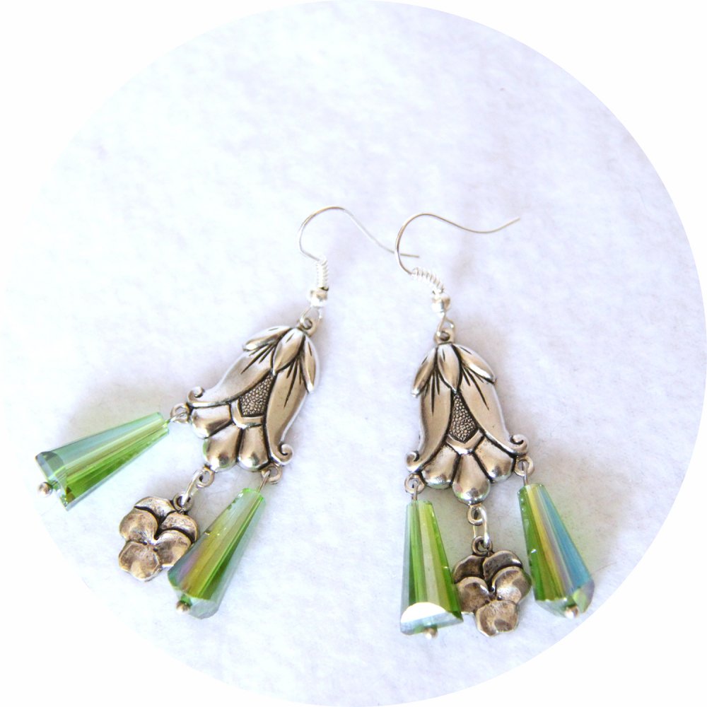 Boucles d'oreilles rétro Art Nouveau vertes goutte cristal pampille art nouveau tulipe argentée--9995860879068