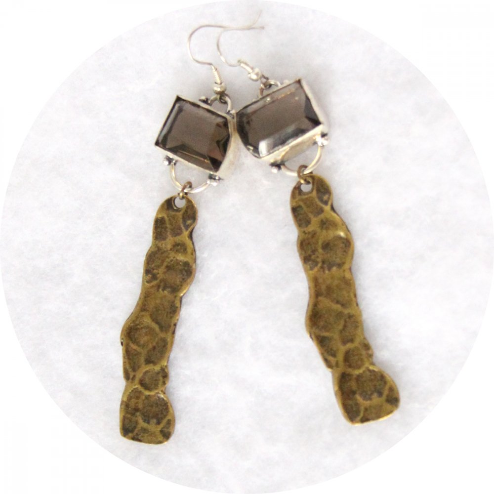 Boucles d'oreilles rétro quartz brun avec pampille bronze--2226753643594