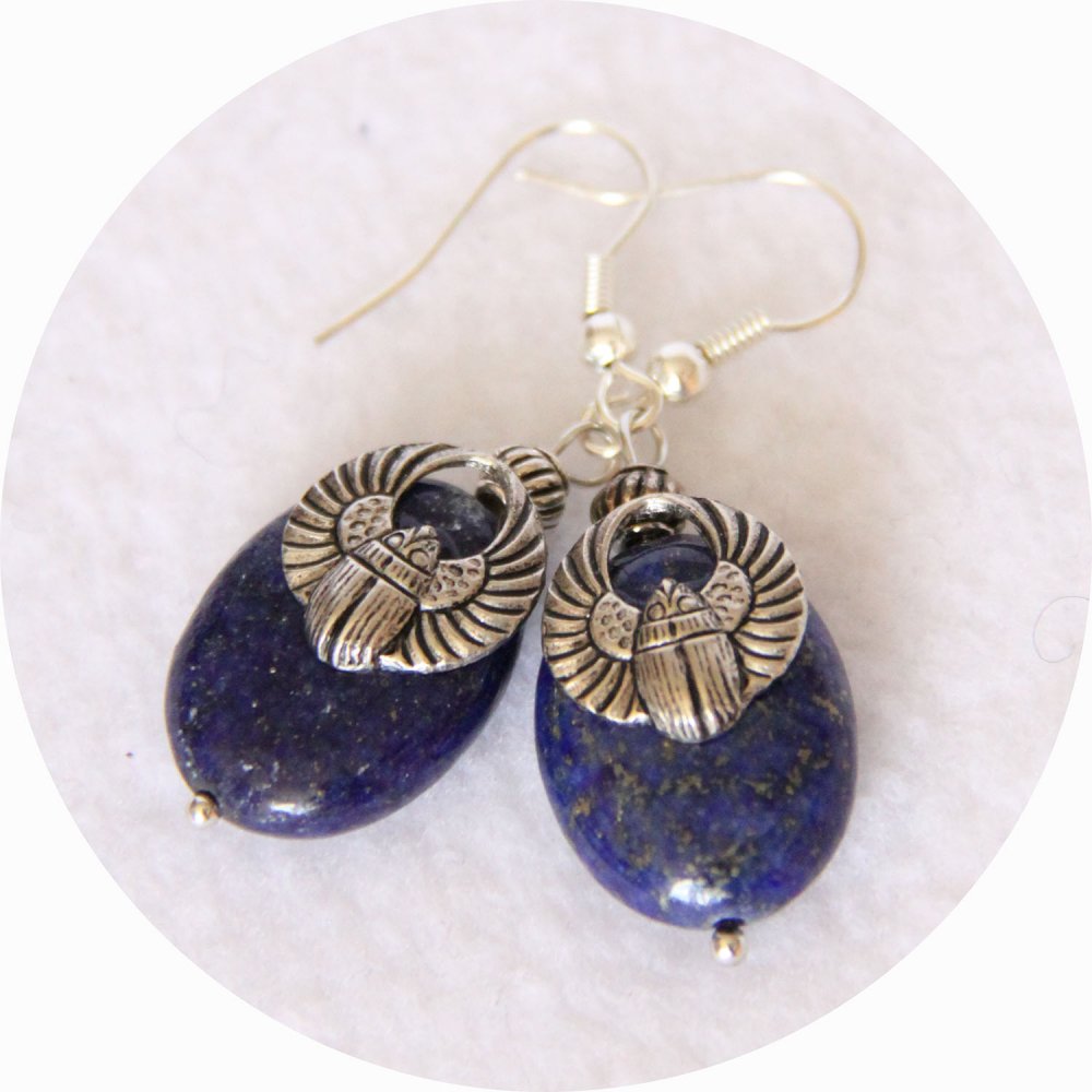Boucles d'oreilles Scarabée argent bleu en lapis lazuli--9995968812356