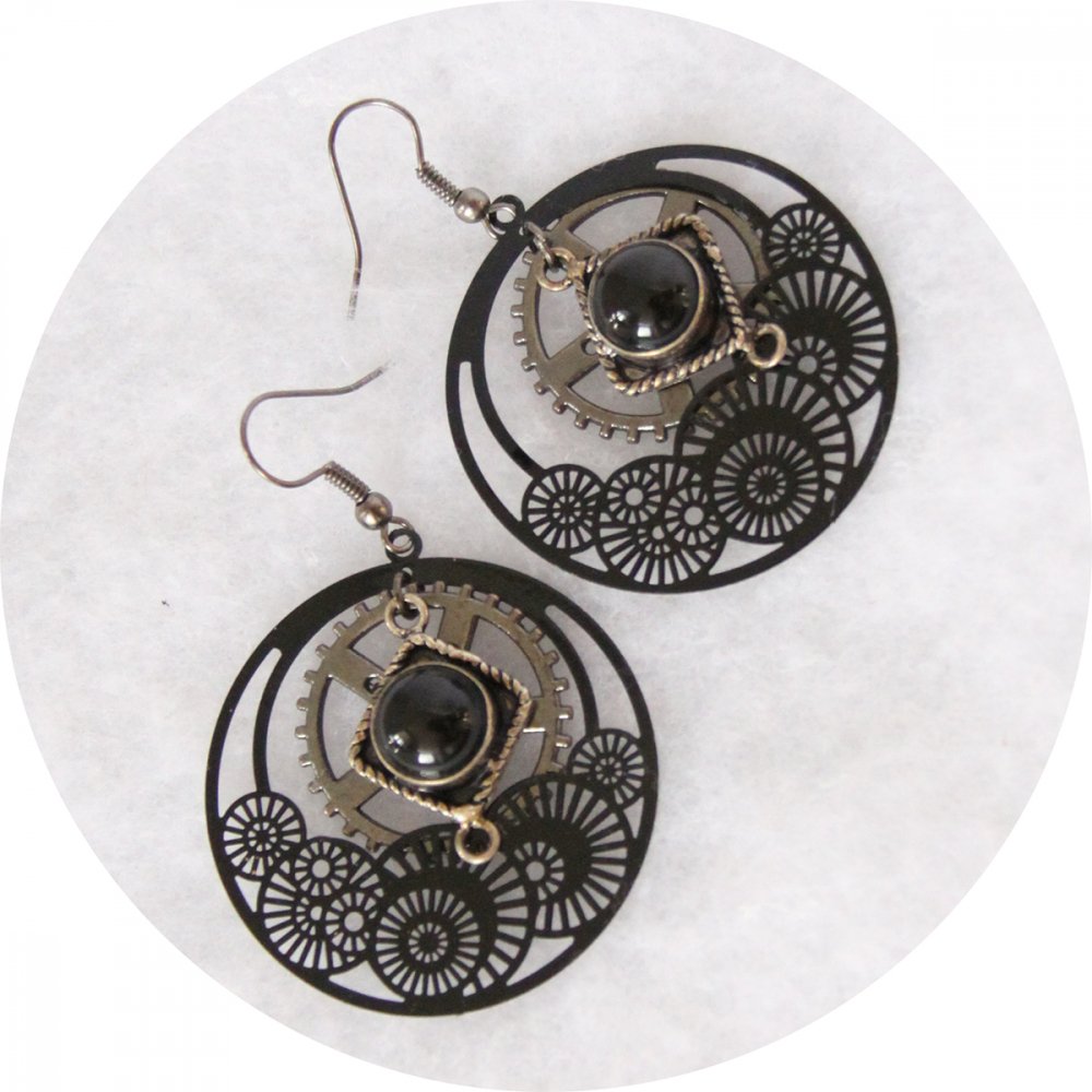 Boucles d'oreilles Steampunk engrenage noir et gris acier--2226751548037
