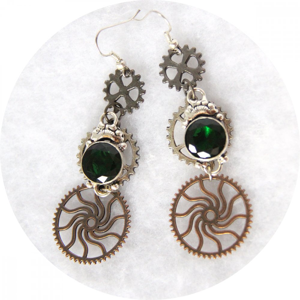Boucles d'oreilles Steampunk engrenages argent et cuivre cristal vert--2226751529975