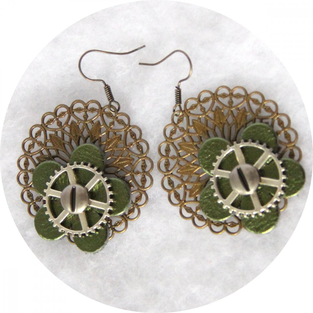 Boucles d'oreilles Steampunk rondes bronze argent et cuir vert--2226754170037