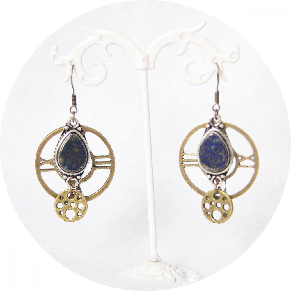 Boucles d'oreilles Steampunk rondes bronze et bleu lapis lazuli--2226754166344