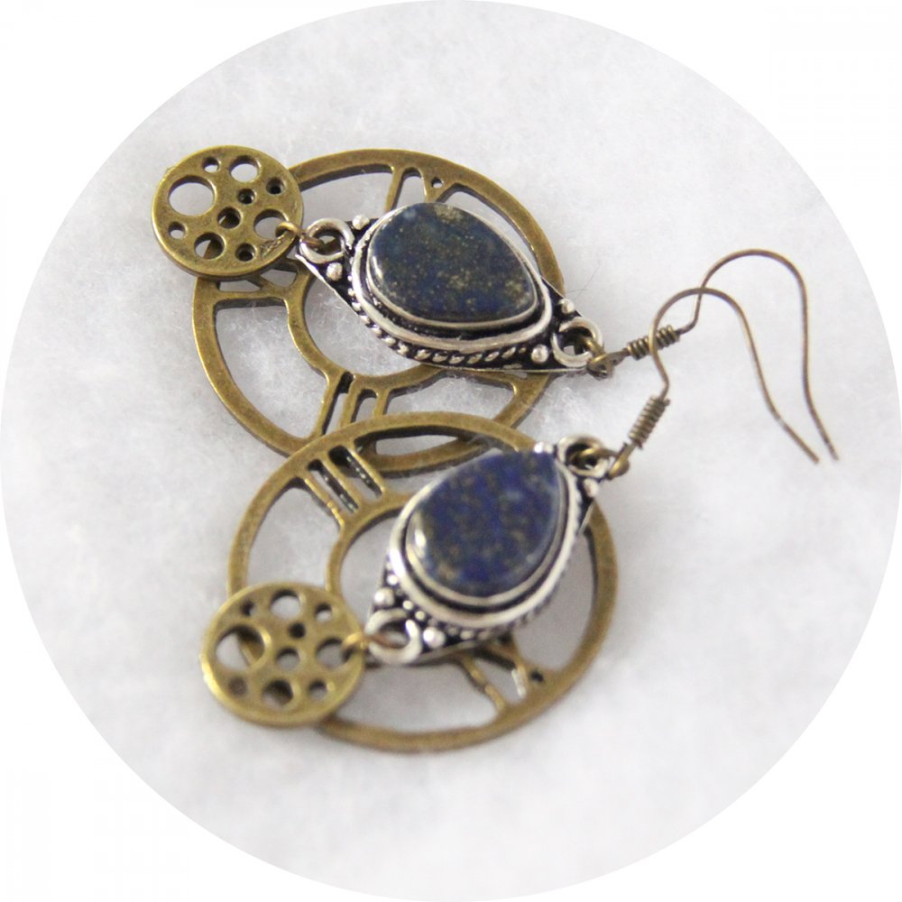 Boucles d'oreilles Steampunk rondes bronze et bleu lapis lazuli--2226754166344
