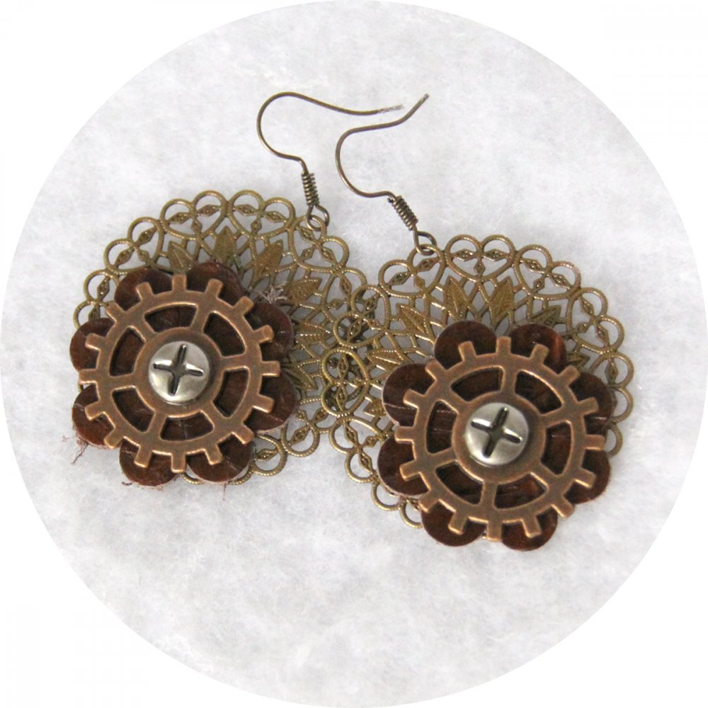 Boucles d'oreilles Steampunk rondes bronze cuivre et cuir marron--2226754167914