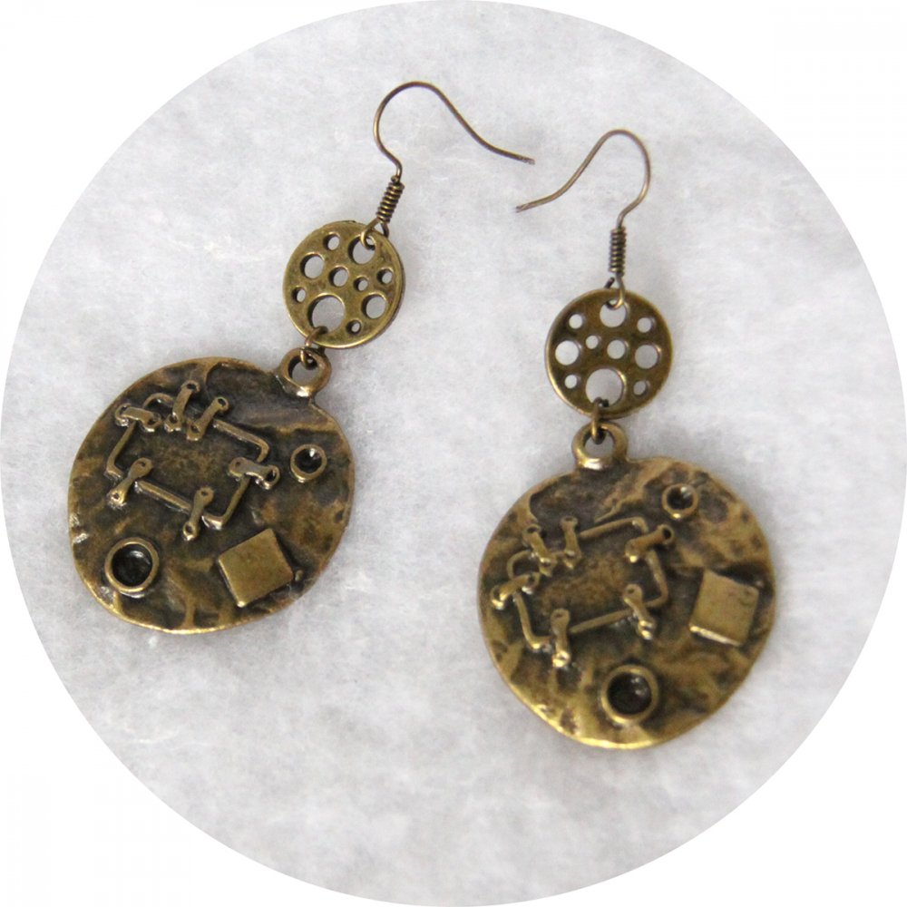 Boucles d'oreilles Steampunk rondes bronze--2226754172543