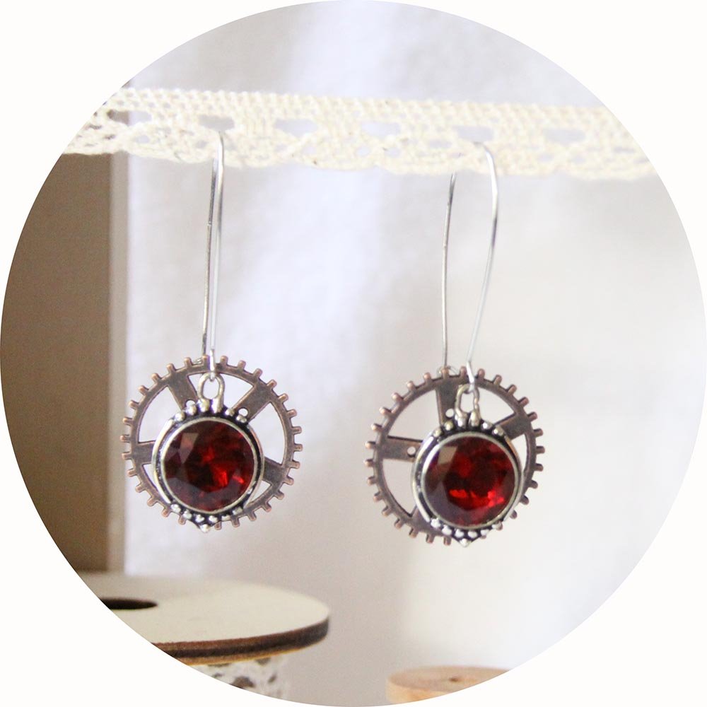 Boucles d'oreilles Steampunk rouage cuivre et cristal rouge--9995540576089