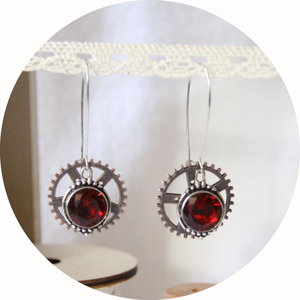 Boucles d'oreilles Steampunk rouage cuivre et cristal rouge--9995540576089