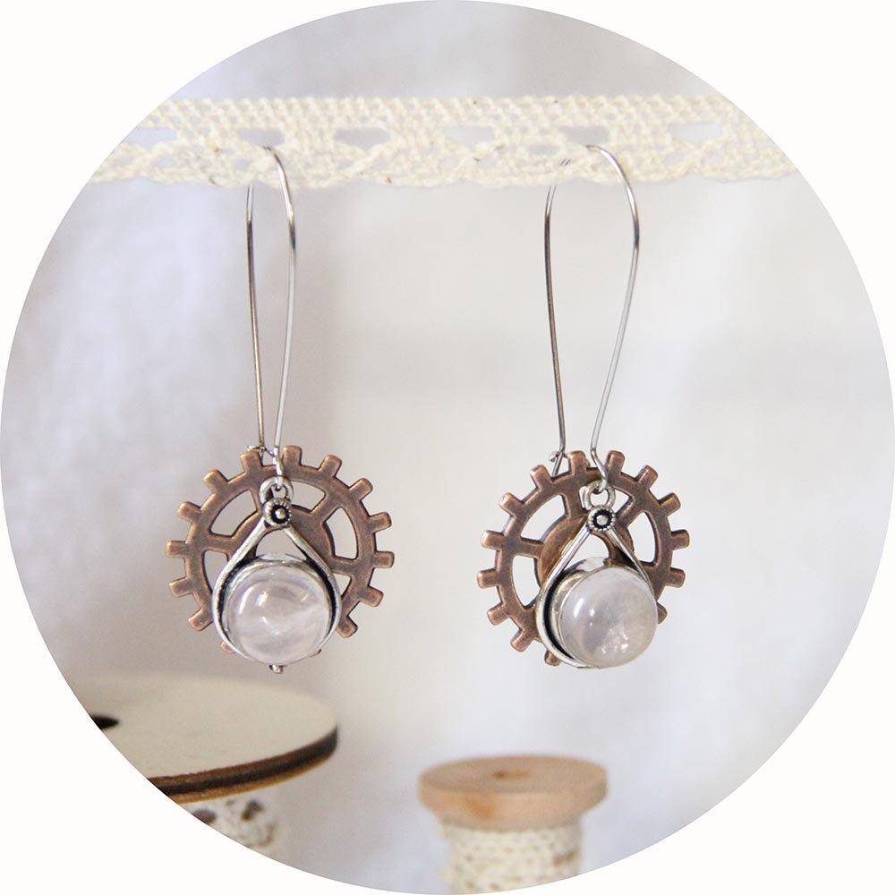 Boucles d'oreilles Steampunk rouage cuivre et pampille quartz rose--9995540572692
