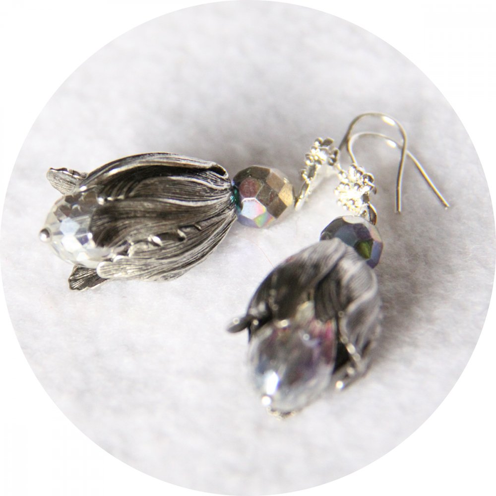 Boucles d'oreilles tulipe perroquet argent et cristal transparent--9996135072436