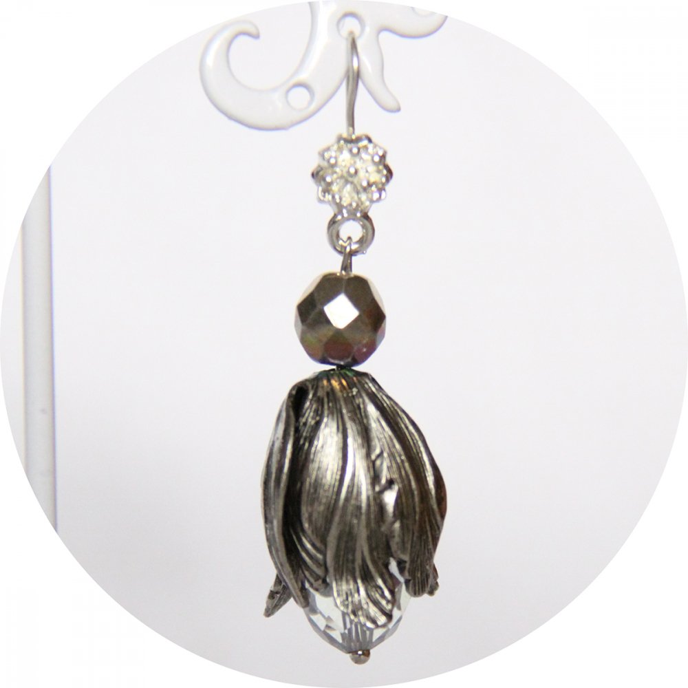 Boucles d'oreilles tulipe perroquet argent et cristal transparent--9996135072436