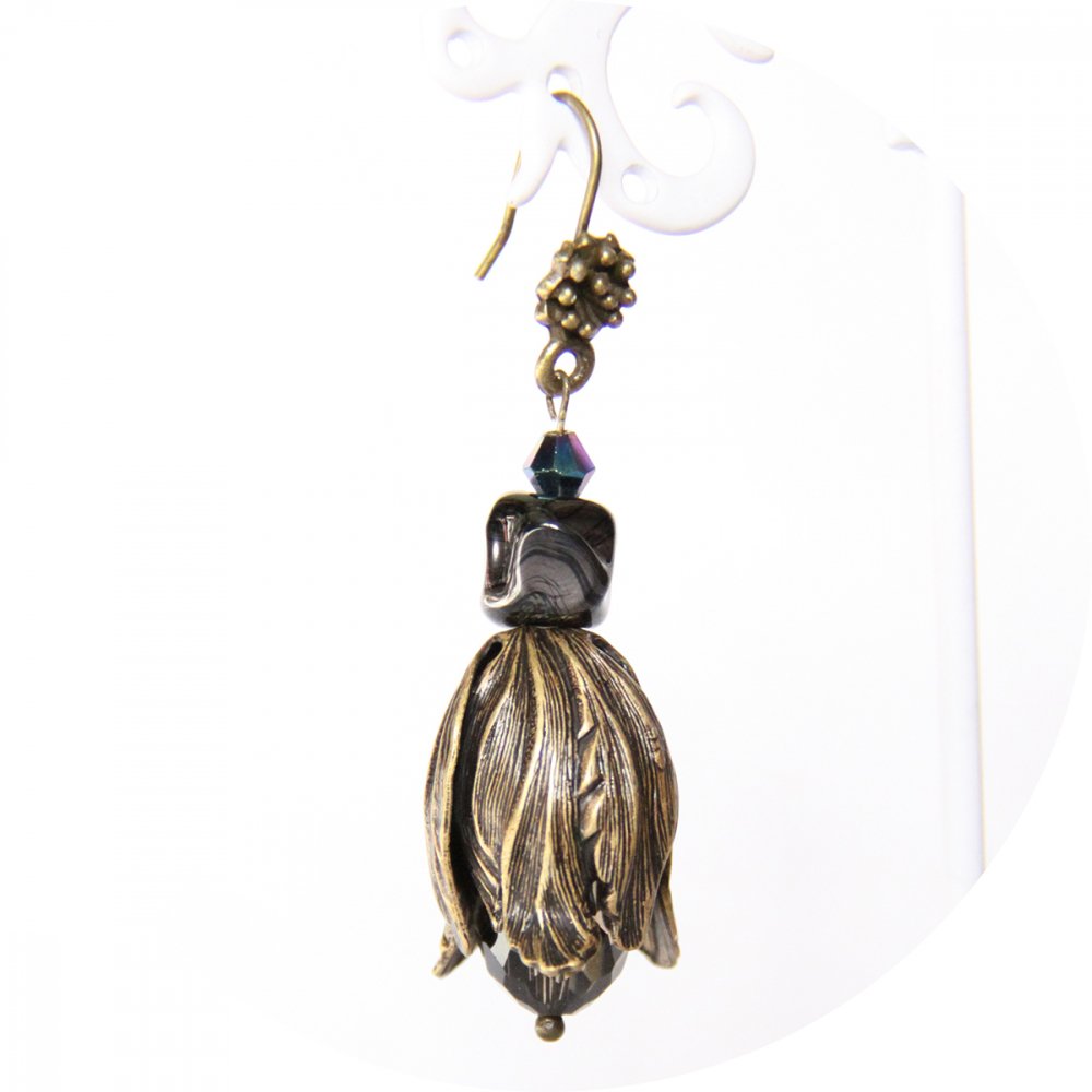 Boucles d'oreilles tulipe perroquet noir et bronze--9996135077790