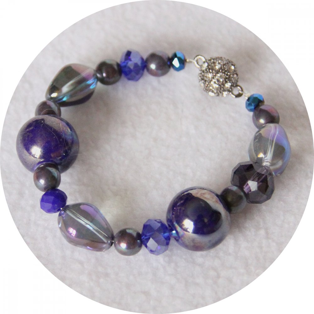 Bracelet bleu marine en perles de céramique et cristal--9996141974823