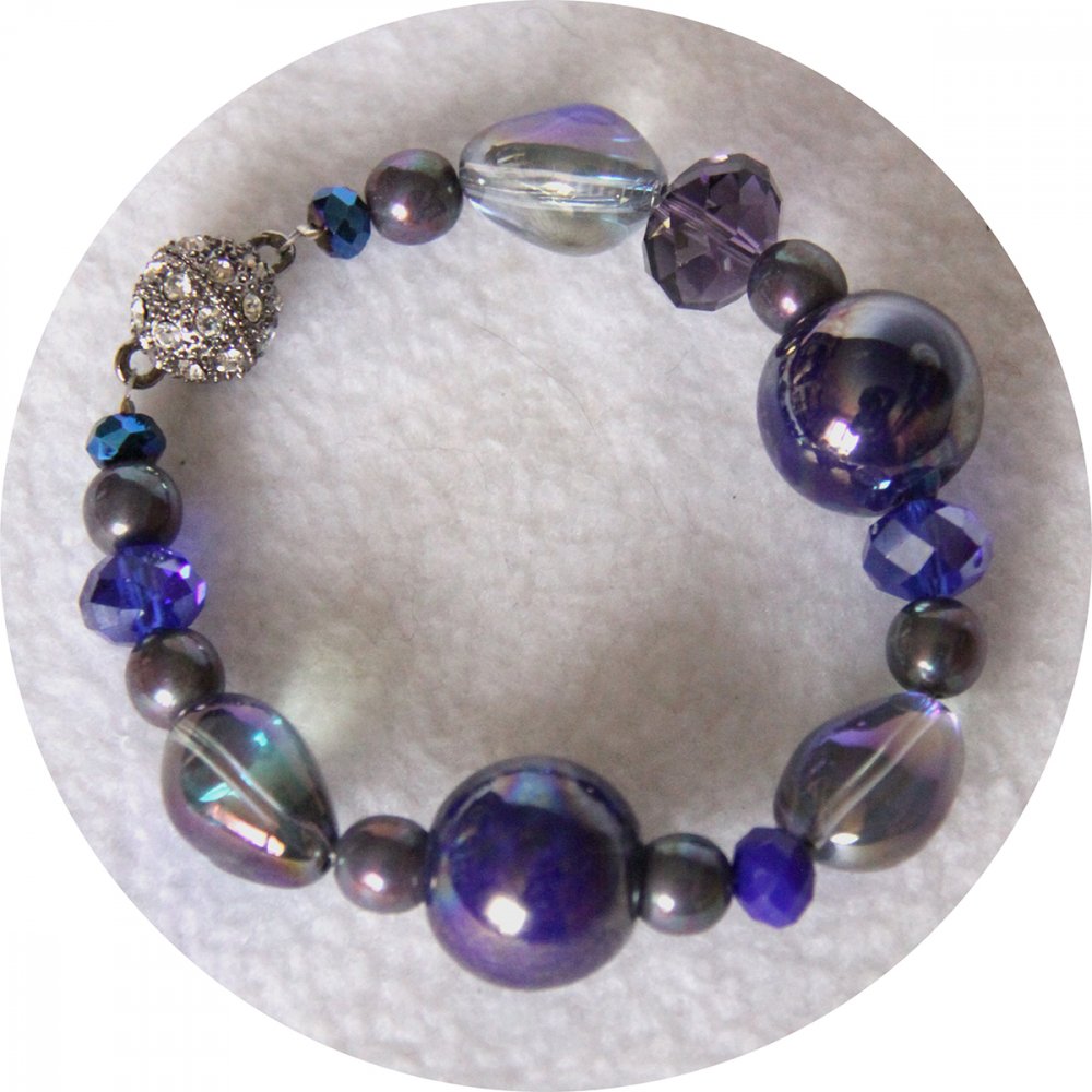 Bracelet bleu marine en perles de céramique et cristal--9996141974823