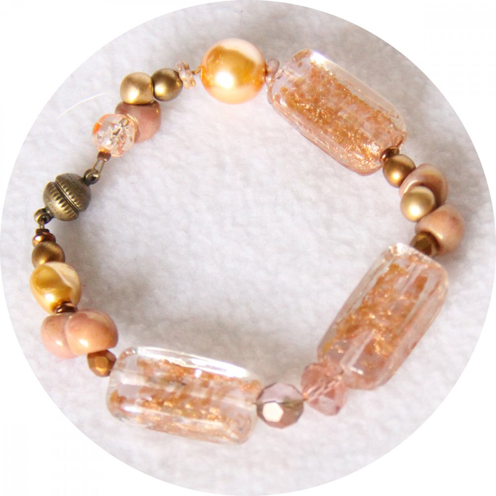 Bracelet rose cuivre en perles de verre et nacre Swarovski--9996127092367