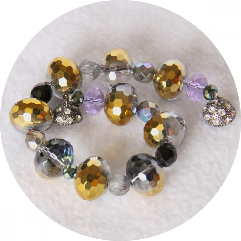 Bracelet gris argent doré et violet en perles--9996141987168