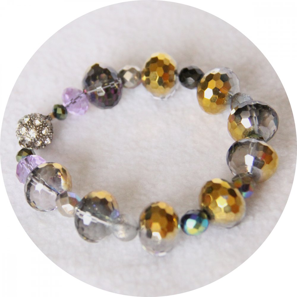 Bracelet gris argent doré et violet en perles--9996141987168