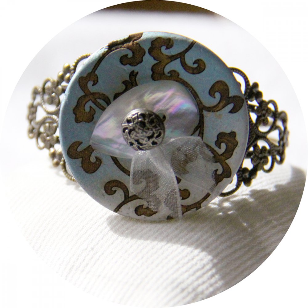 Bracelet rigide boutons baroque bleu et bronze--2226194309912