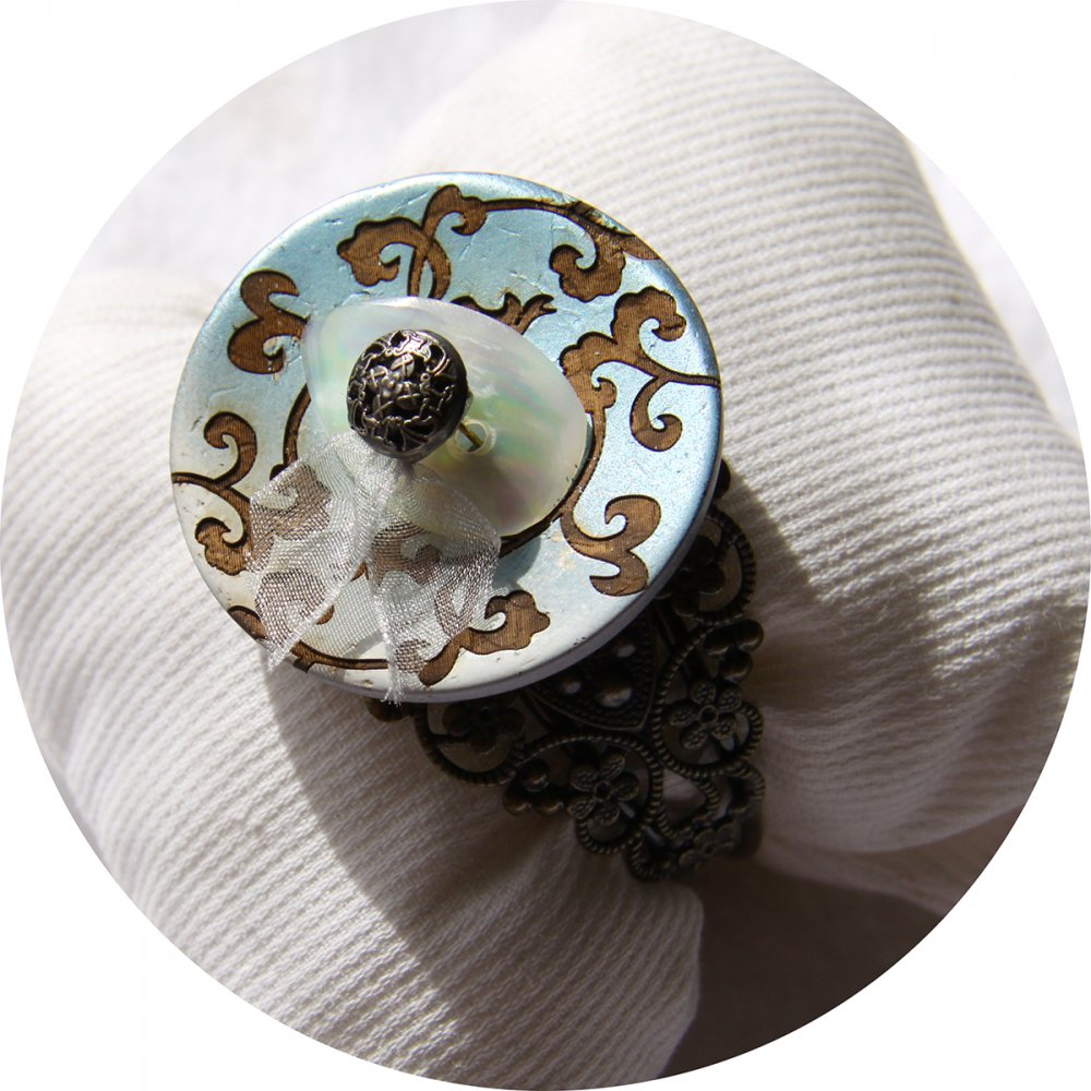 Bracelet rigide boutons baroque bleu et bronze--2226194309912
