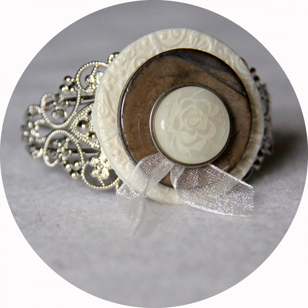 Bracelet rigide boutons baroque ivoire et argent--2226284177988
