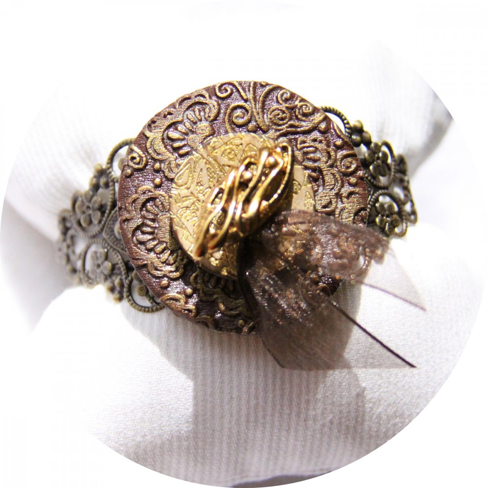 Bracelet rigide boutons baroque marron et doré--2226194307154