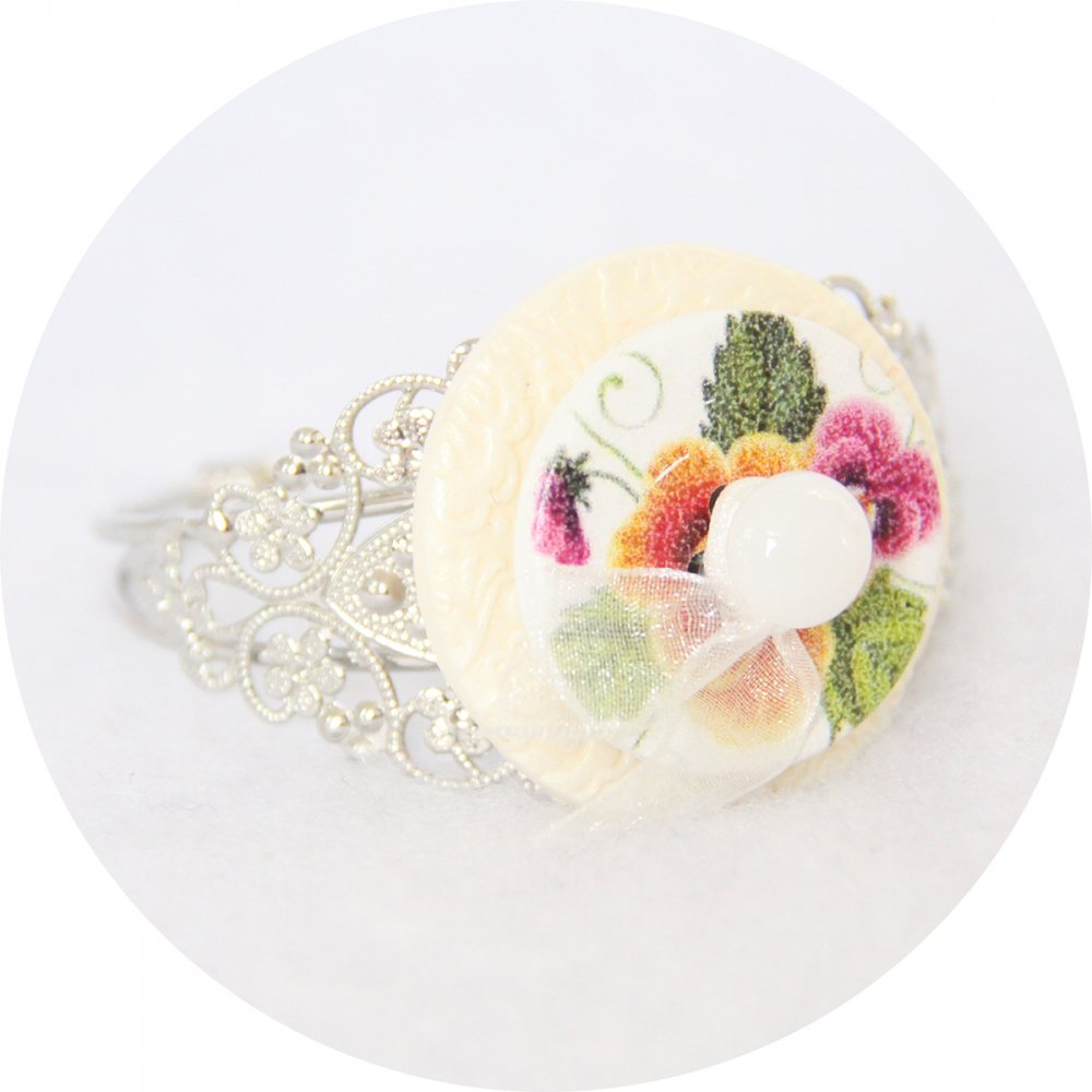 Bracelet rigide boutons fleurs et argent--2226751080810