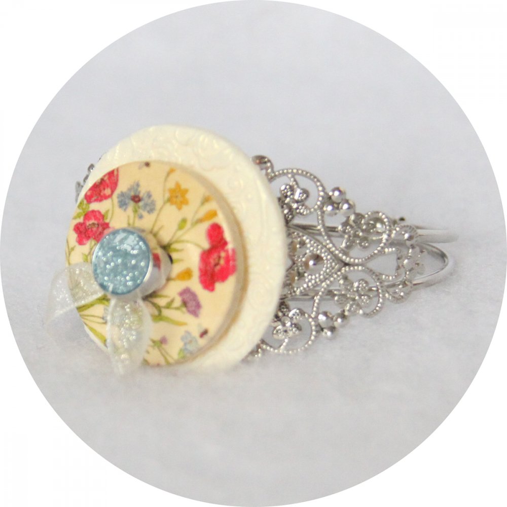 Bracelet rigide boutons fleurs et argent--2226751082692