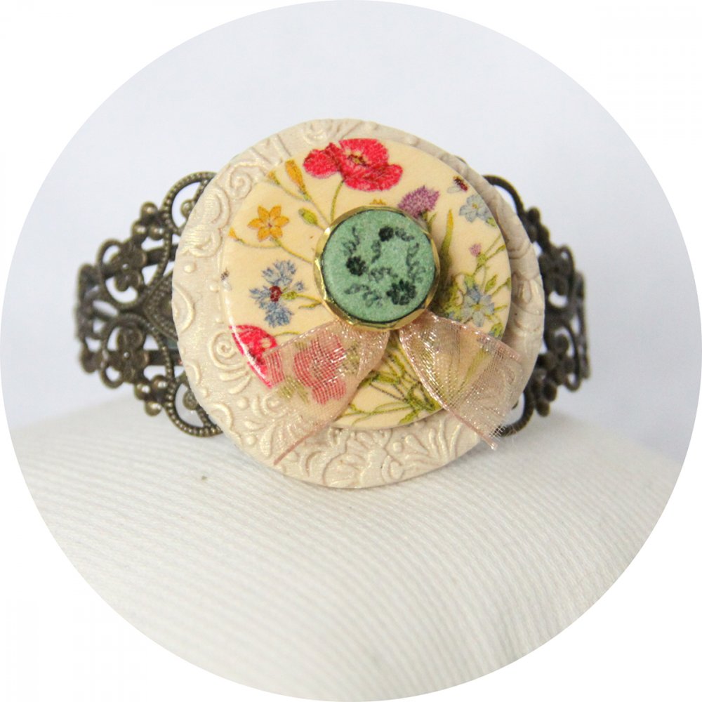 Bracelet rigide boutons fleurs et bronze--2226751084054