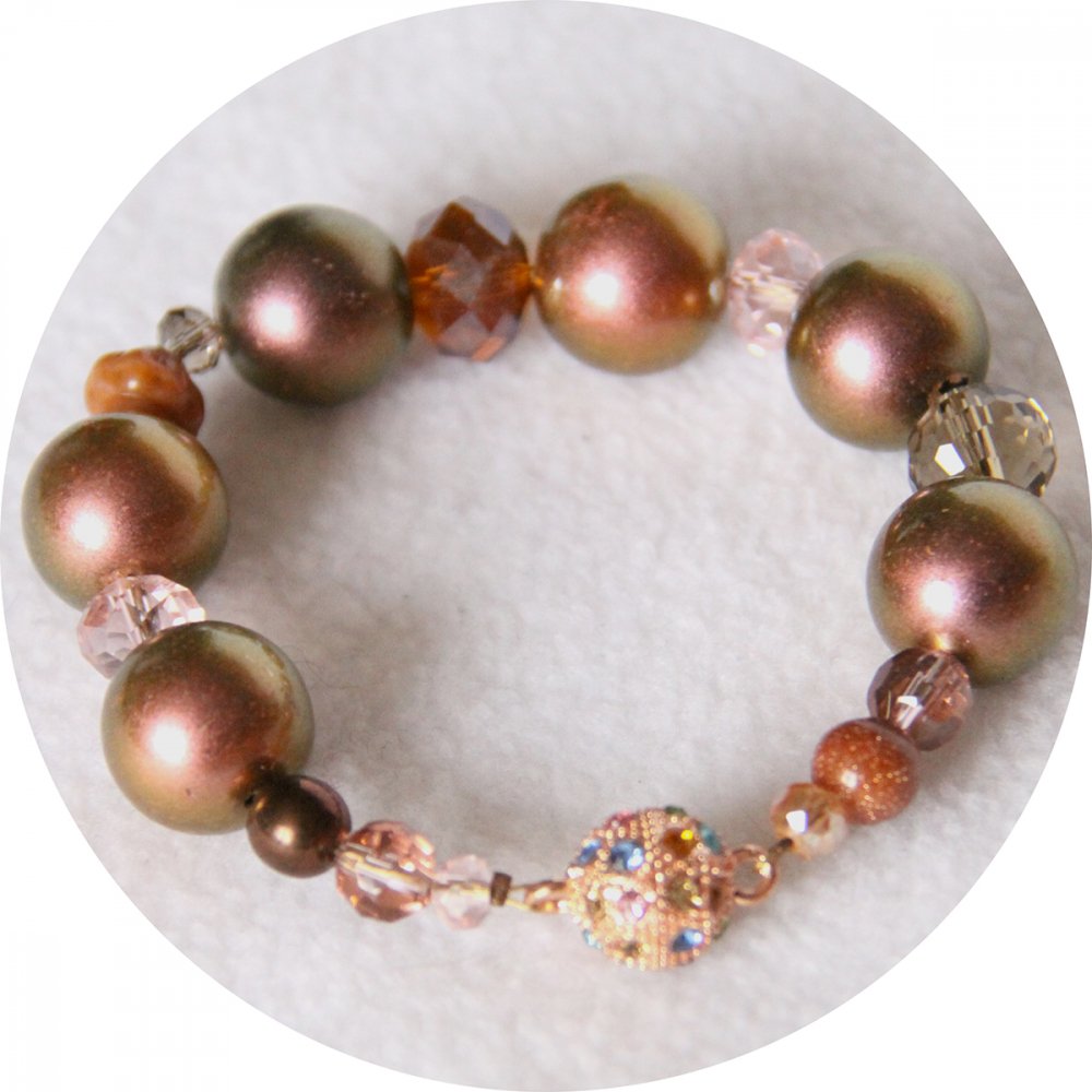 Bracelet rose cuivre en perles de nacre et cristal--9996141960451