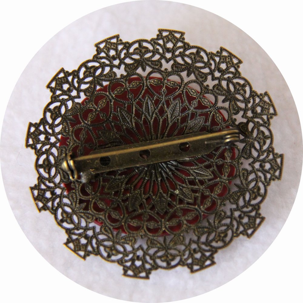Broche bouton fleur bordeau sur estampe bronze--9995968870158