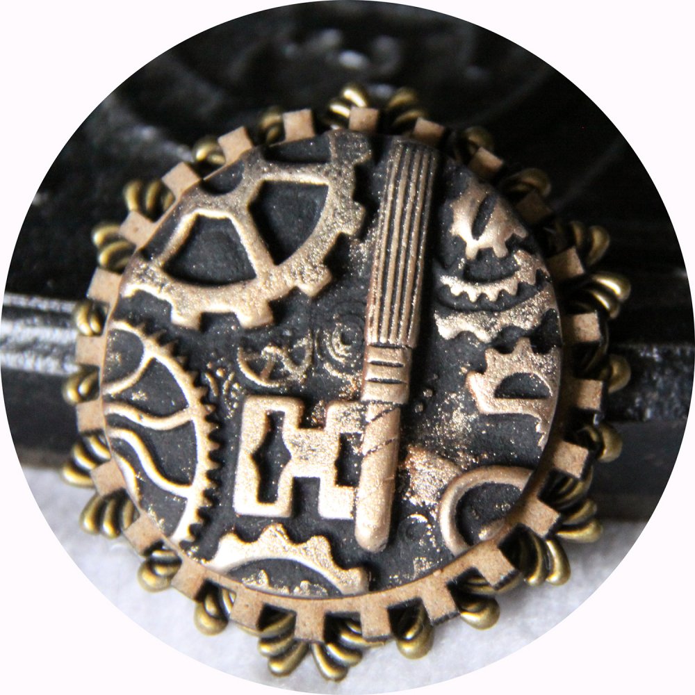 Broche médaillon rond Steampunk noir bois et bronze--9995942057551