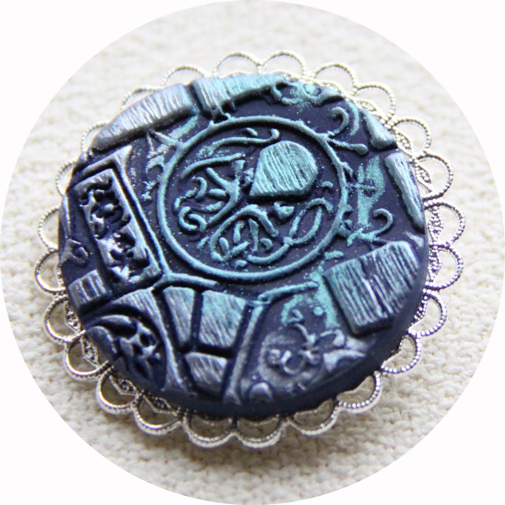 Broche médaillon rond Steampunk thème Cthulhu bleu et argent--9995863782693