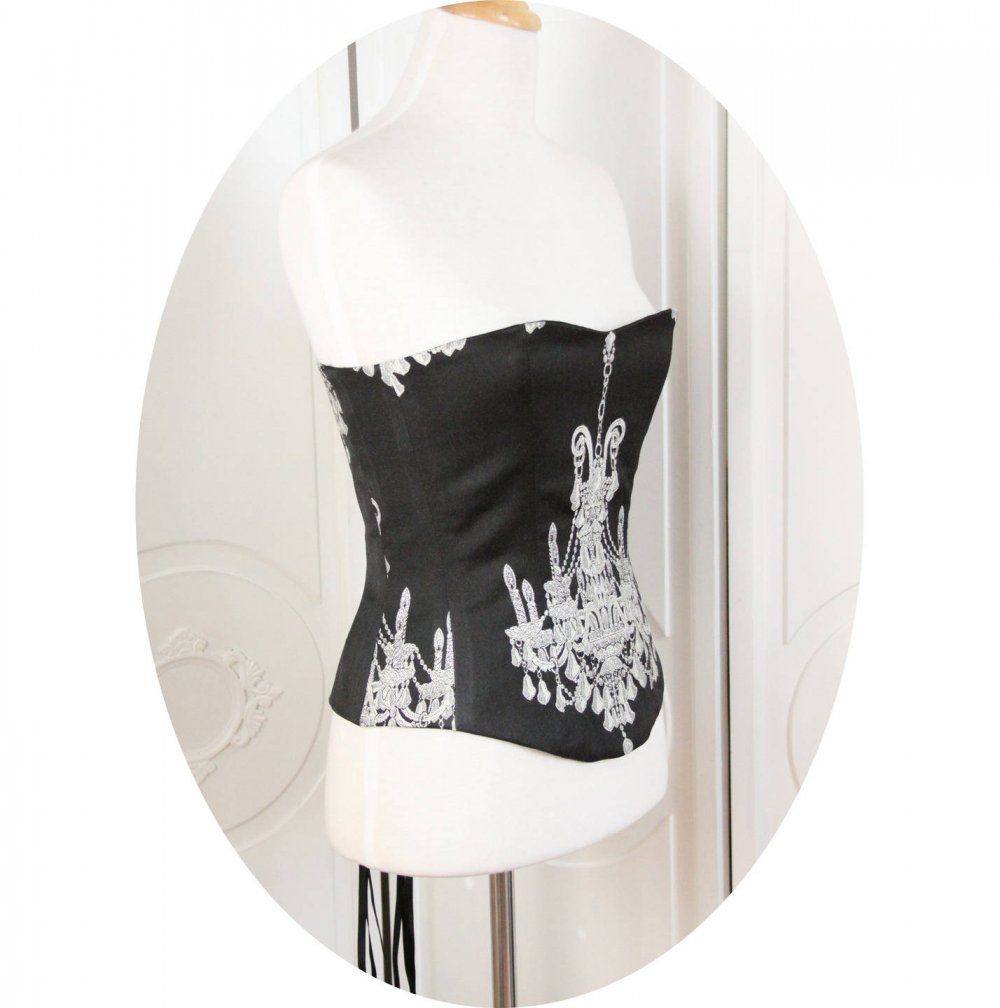 Bustier- corset Baroque, motif argent sur fond noir, bustier baroque noir et argent,corset baroque noir et argent,chandelier argent, lacage--9995494795840